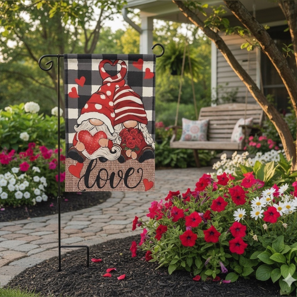 Valentine's Gnome Love Garden Flag